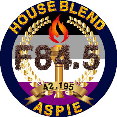 Original HouseBlend Aspie emblem, with coffee beans, a flame, and a running motif